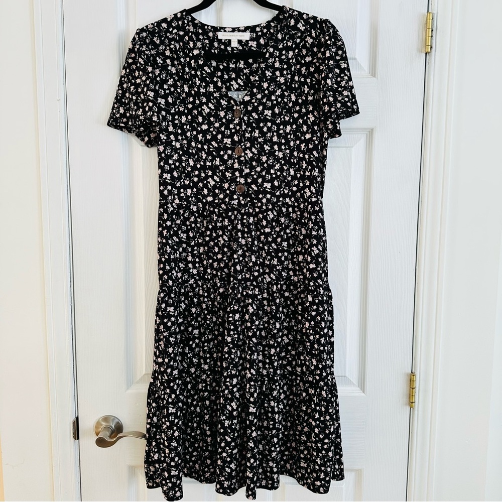 Monteau Black Midi Dress with White Floral Pattern